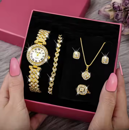 Fashion Luxury Full Crystal 5 Pcs Watch Necklace Earrings Ring Set for Women Rhinestone Wristwatch Female Bracelet Set Gift