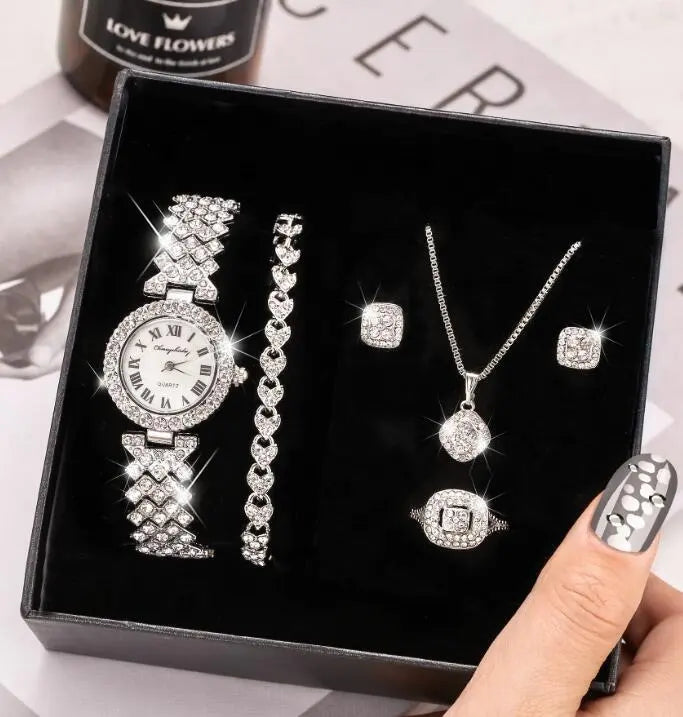 Fashion Luxury Full Crystal 5 Pcs Watch Necklace Earrings Ring Set for Women Rhinestone Wristwatch Female Bracelet Set Gift