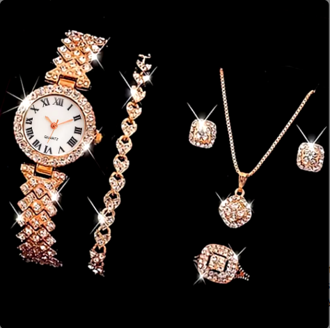 Fashion Luxury Full Crystal 5 Pcs Watch Necklace Earrings Ring Set for Women Rhinestone Wristwatch Female Bracelet Set Gift